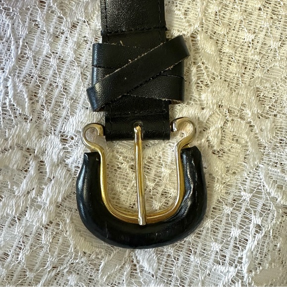 Vintage Genuine Italian Leather Black & Gold Belt - Picture 2 of 5